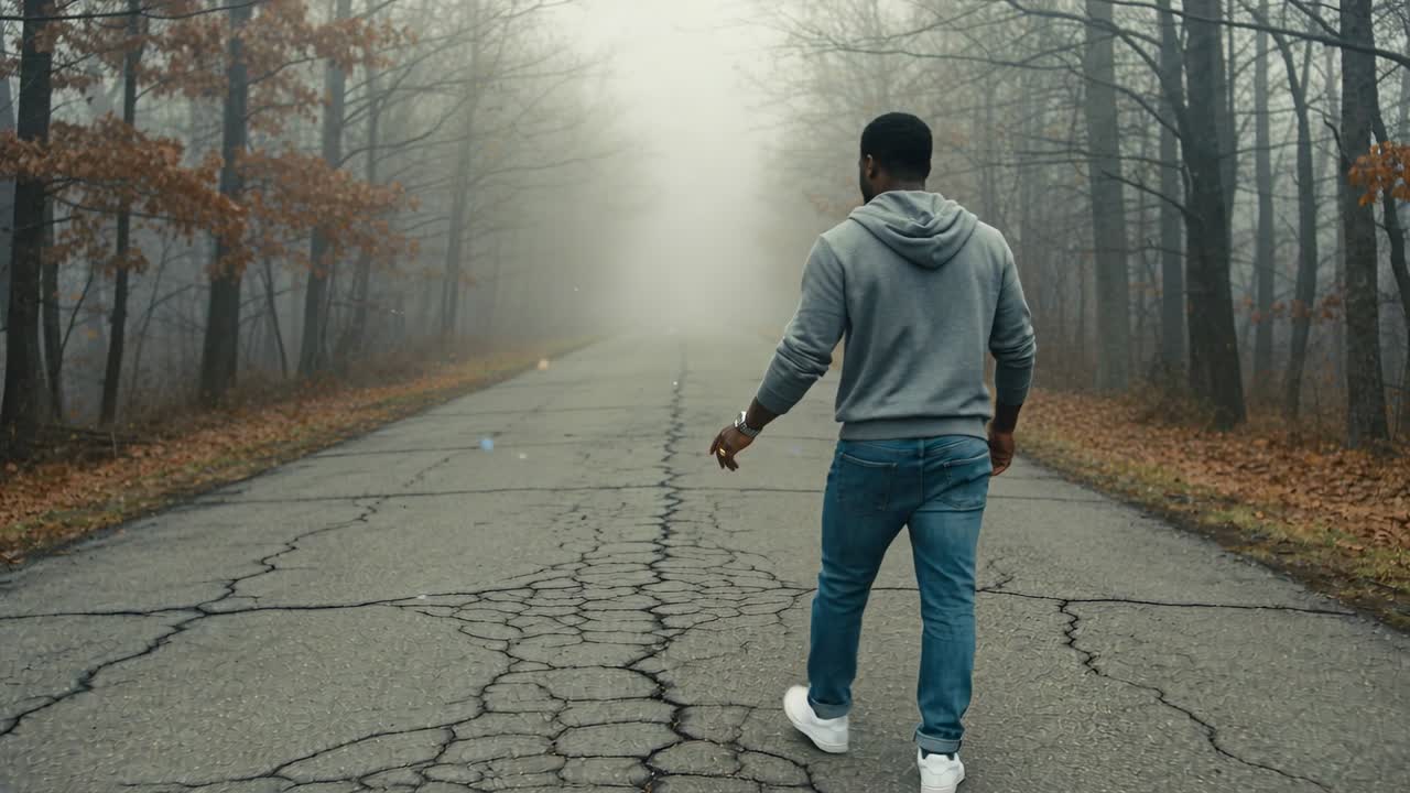 Walking man starting along cracked forest road into thickening fog, wearing gray hoodie