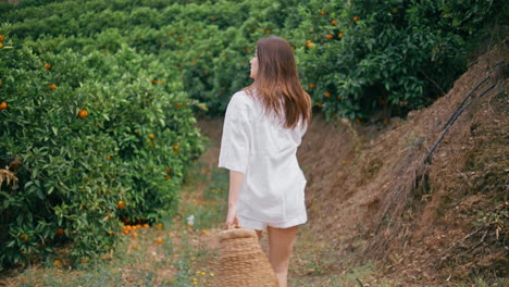 농촌 여성이 바구니를 들고 타린 나무를 쉬고 있습니다. 모델이 카메라를 포즈하고 있습니다.