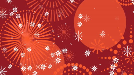 Animación-De-Copos-De-Nieve-Navideños-Sobre-Fuegos-Artificiales-Rojos-De-Año-Nuevo-Sobre-Fondo-Rojo-Oscuro