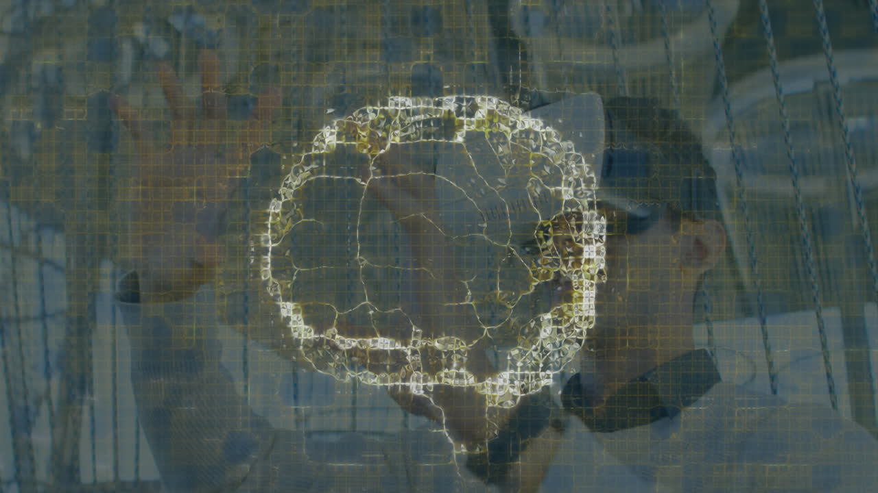 Animation of human brain spinning and data processing over businessman wearing vr headset