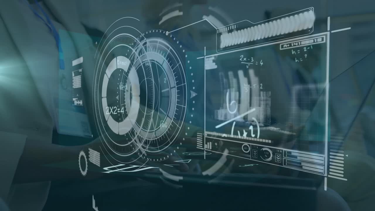 Animation of diverse data on digital screen over caucasian businesswoman with laptop