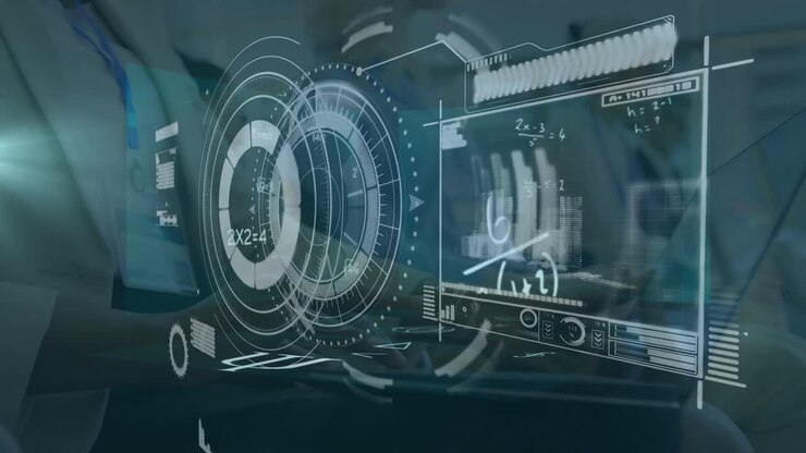 Animation of diverse data on digital screen over caucasian businesswoman with laptop