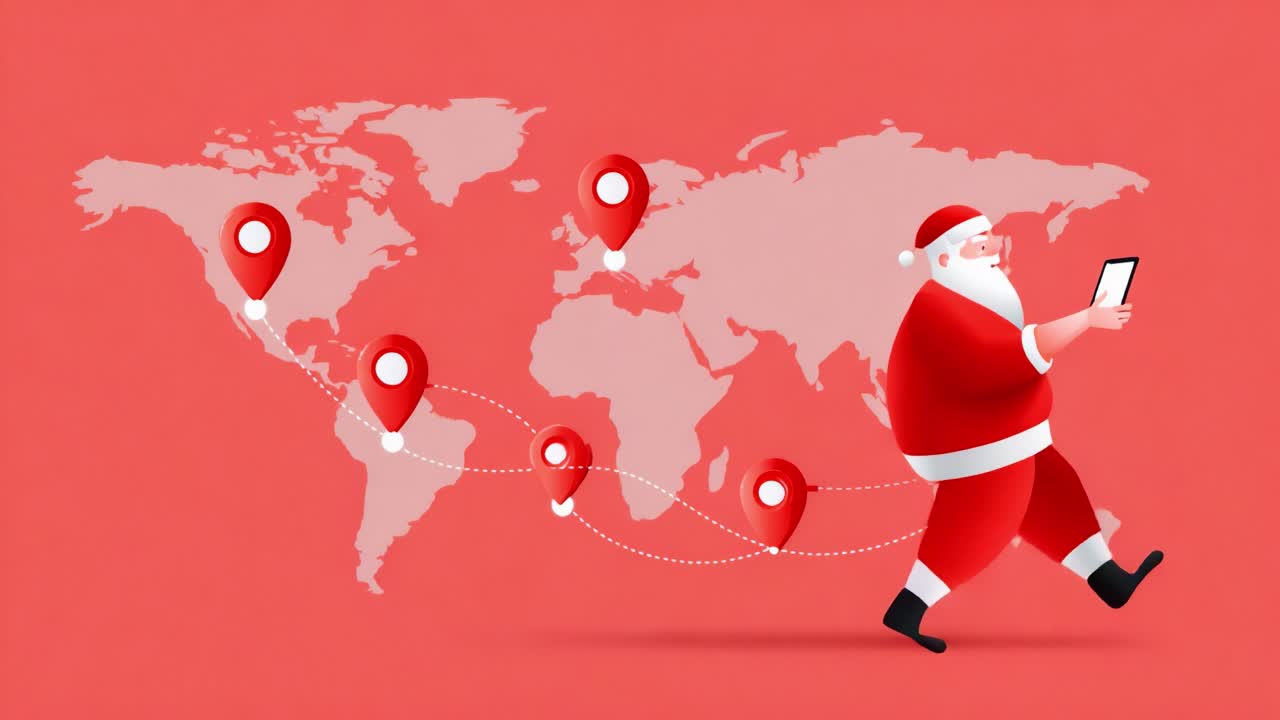 A jolly character in red attire happily navigates the world map with a digital device, illustrating a modern twist on traditional holiday preparations with playful markers