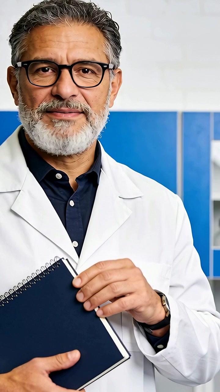 Video verticale: Uomo sorridente in camice bianco presenta un quaderno blu navy in clinica, ripreso dalla telecamera.