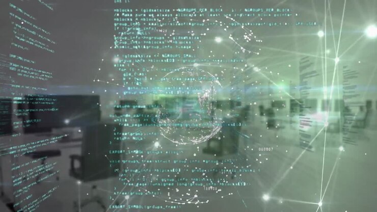 Animation of glowing network of connections, spinning globe and data processing against empty office