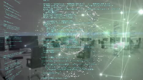 animation of glowing network of connections, spinning globe and data processing against empty office