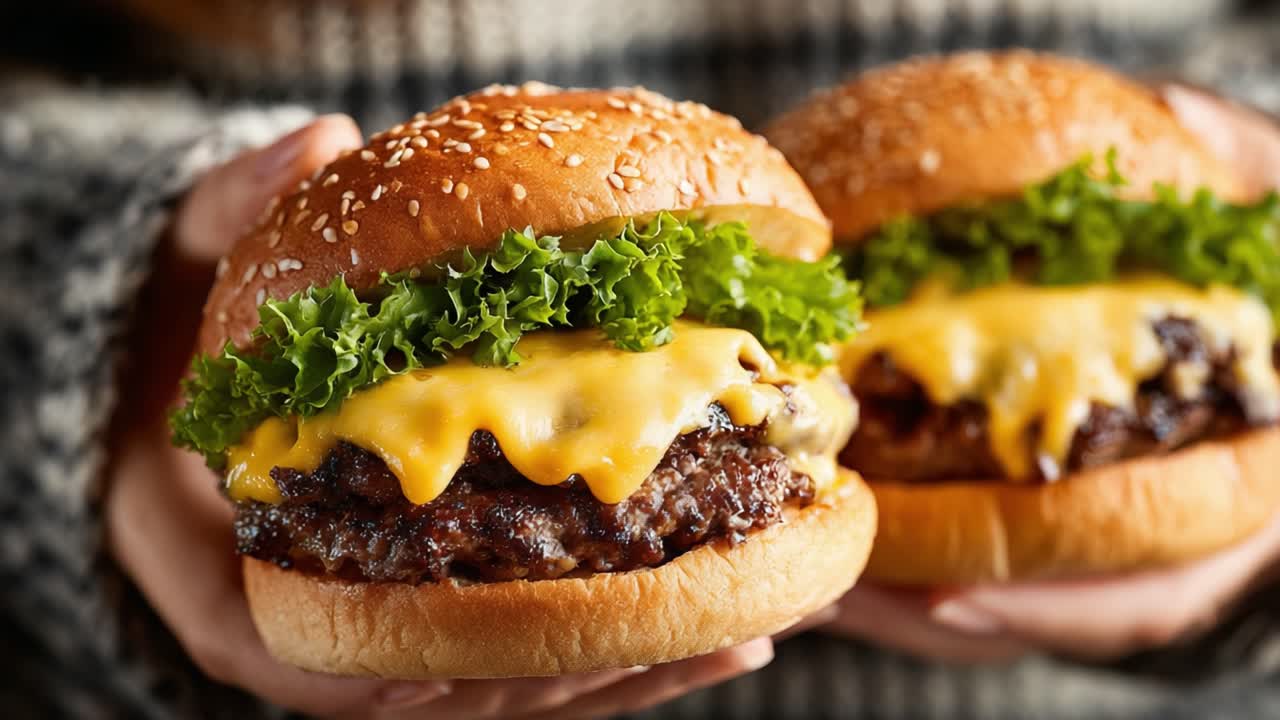 Deliciously Juicy Cheeseburgers with Fresh Lettuce and Sesame Seed Buns Ready to Satisfy Your Cravings in a Tempting Duo