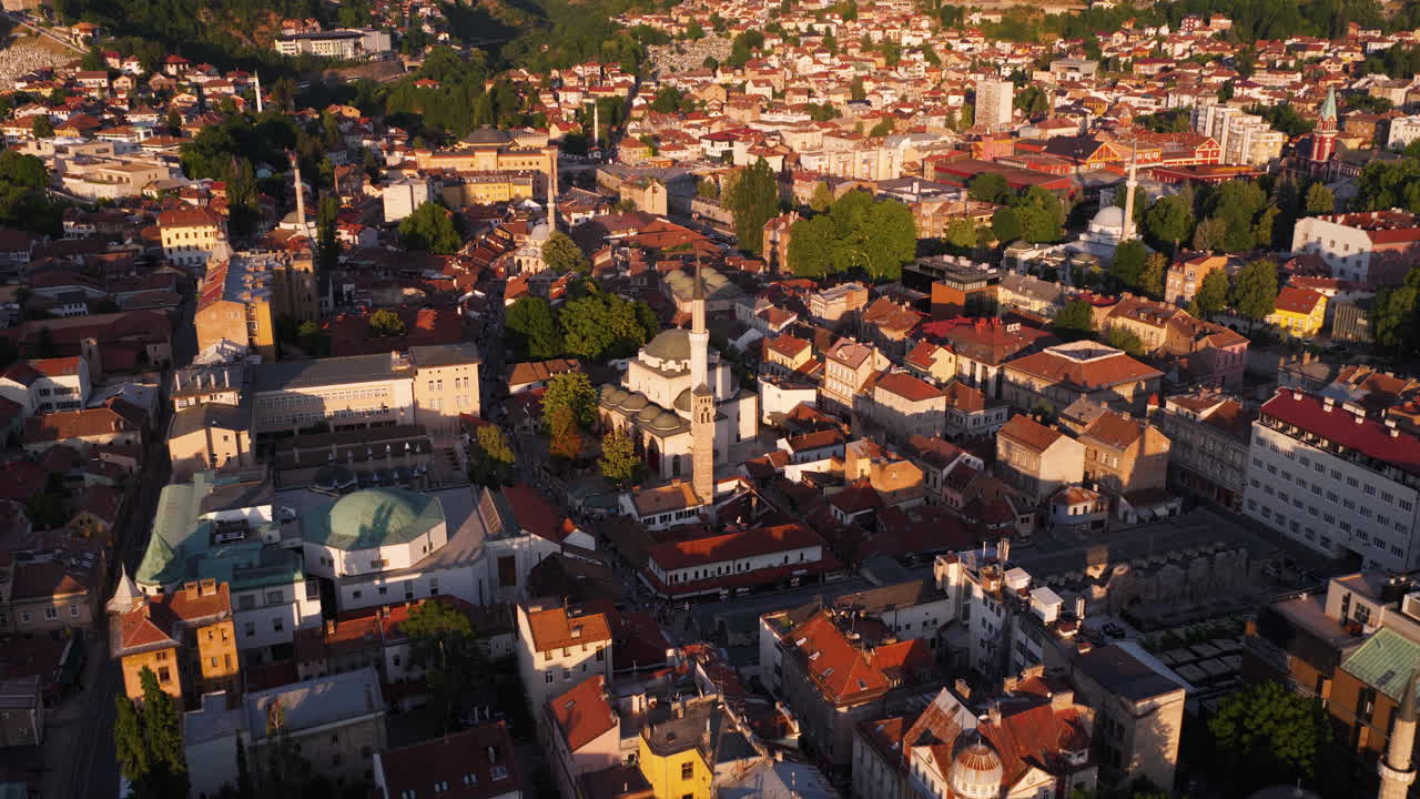 Aerial View of Sarajevo's Old Town At Dusk, With Historic Gazi Husrev-beg Mosque In Sunlight