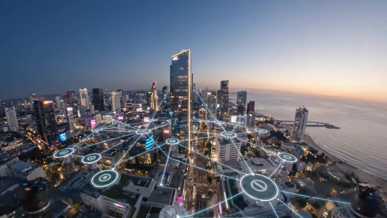 Vista aerea di una città moderna con grattacieli, edifici illuminati e uno skyline vibrante al tramonto, che mostra la vita urbana e l'integrazione tecnologica.