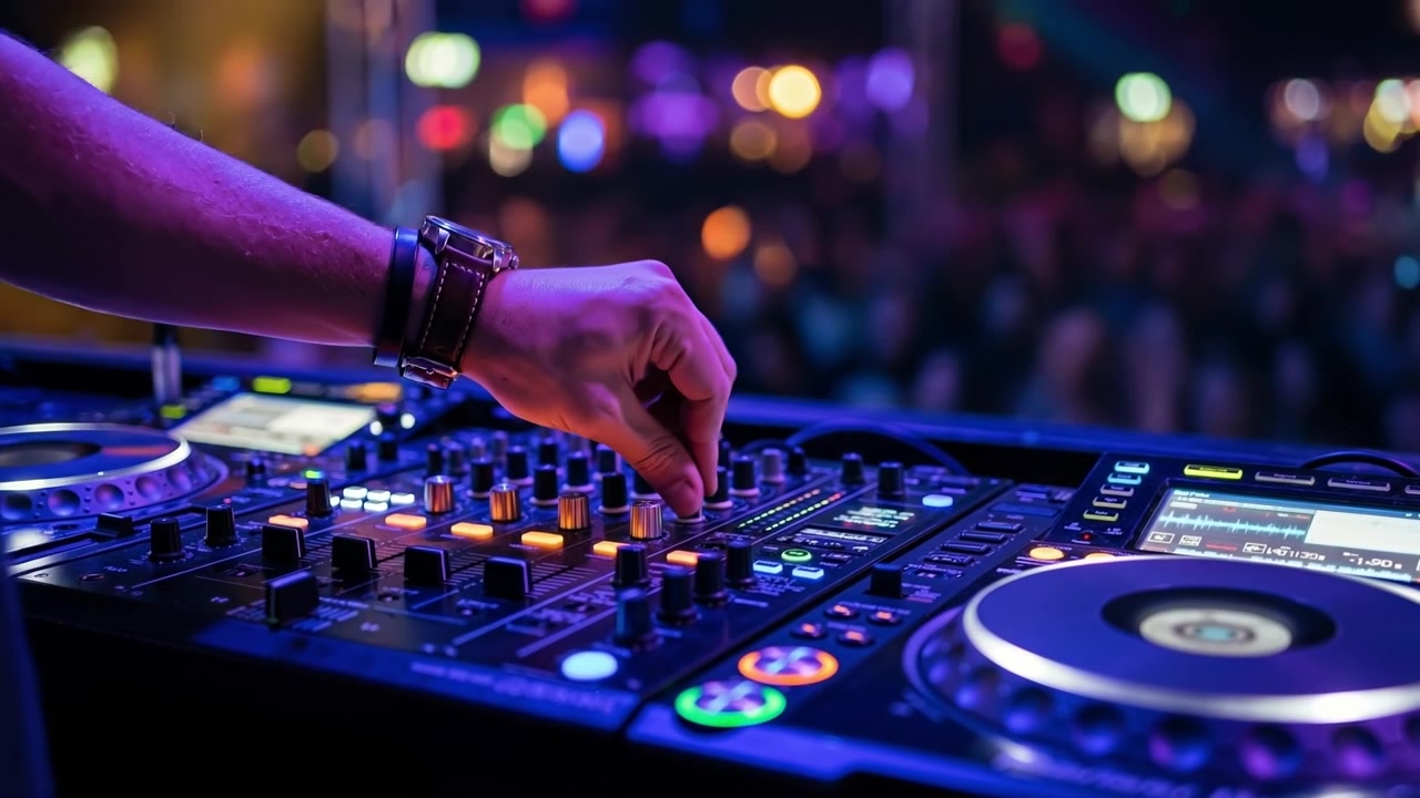 Primo piano della mano di un DJ professionista che mixa musica su una console a un evento in discoteca