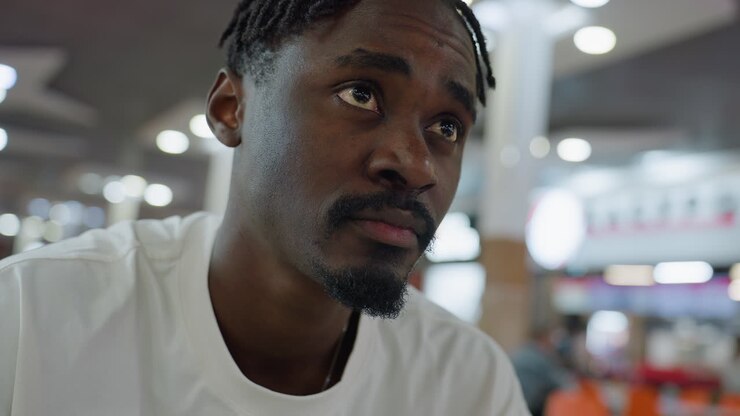 Young african man with braided hair and goatee wearing white shirt sits indoors looking around with contemplative expression, surrounded by blurred bright lights and background
