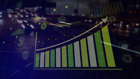 digital composition of covid-19 statistical data processing against view of night city traffic