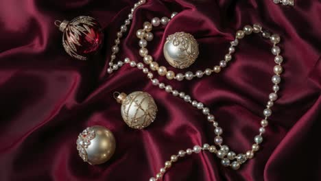 christmas ornaments and pearls on burgundy silk