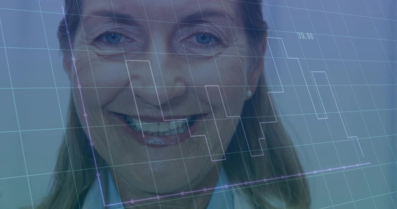 Camera zooming upward senior clinician smiling revealing face with stethoscope, showing data grid