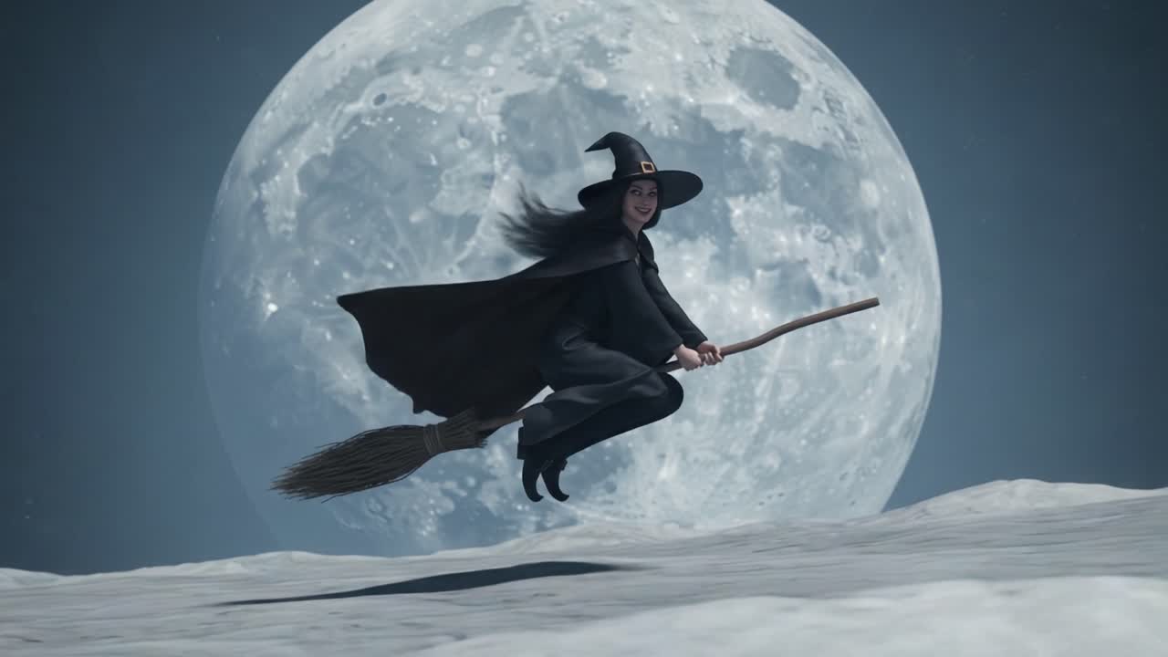 Una strega mistica con un mantello nero fluttuante vola con grazia nel cielo stellato notturno sulla sua scopa, illuminata dall'incantevole luna piena sullo sfondo