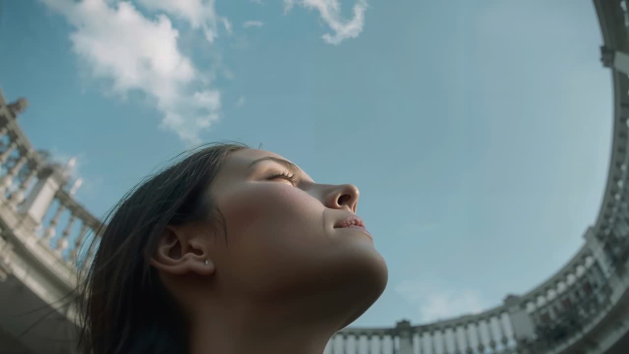 Tilting woman facing sky in columns and balustrade sunlight causing closing eyes with stud glinting