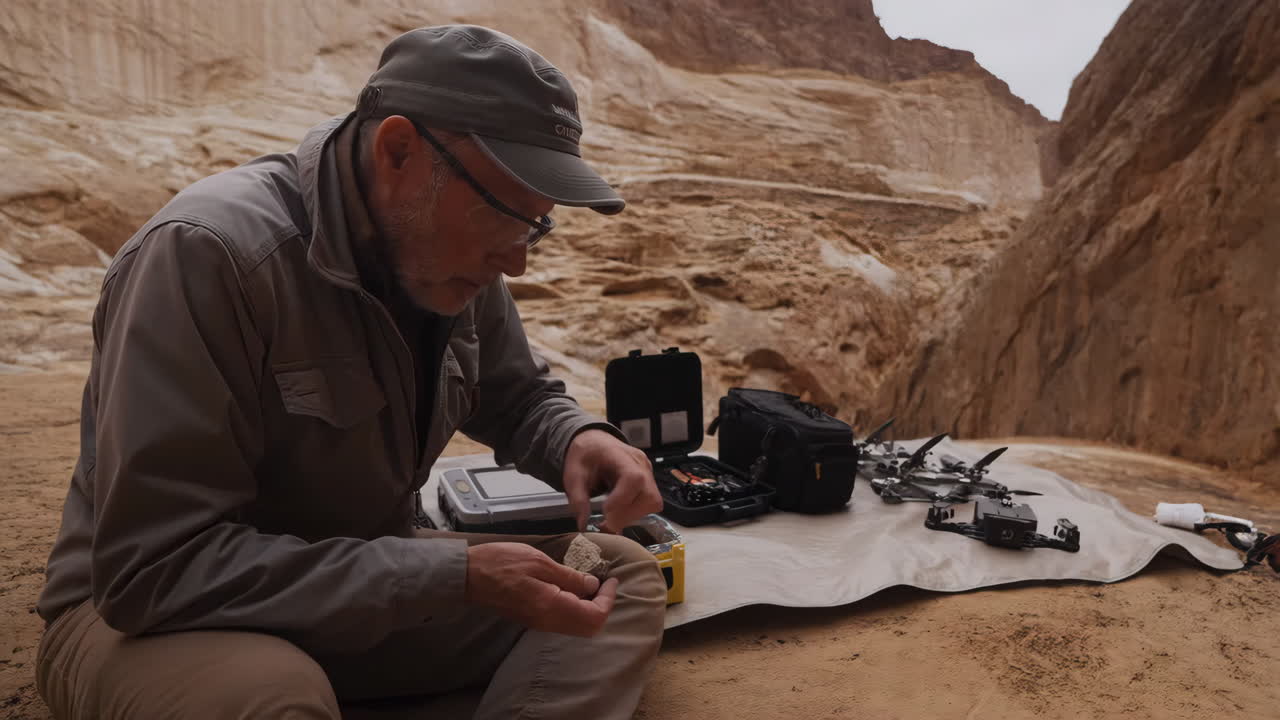 Man examining object in desert with drone equipment