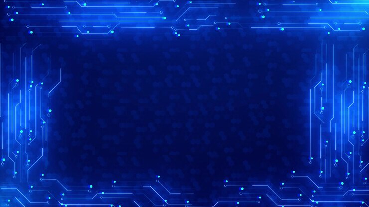 Immagine di bordo di circuito digitale blu con tracce elettroniche luminose, piccole luci nodo e un'area centrale pulita.