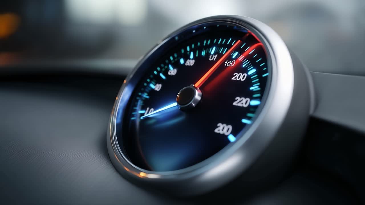 Close-up of Car Speedometer Accelerating on Dashboard
