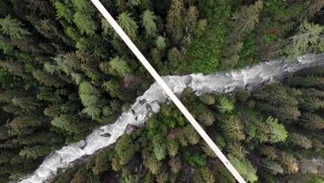 top down aerial view of the goms suspension bridge with a hiker walking across high up above rhone river valley in valais, switzerland