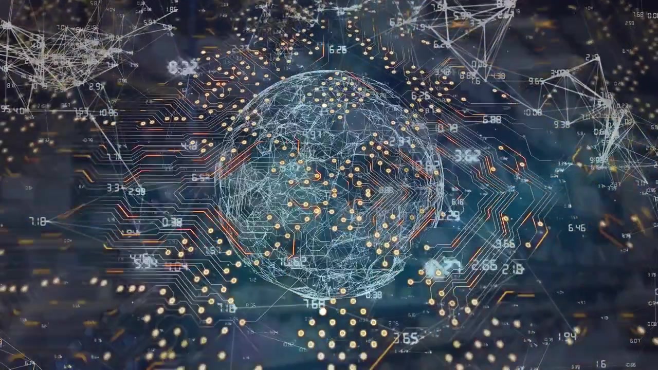 Animation of integrated circuit, globe and connections on navy background