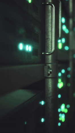 close-up of server rack with green lights