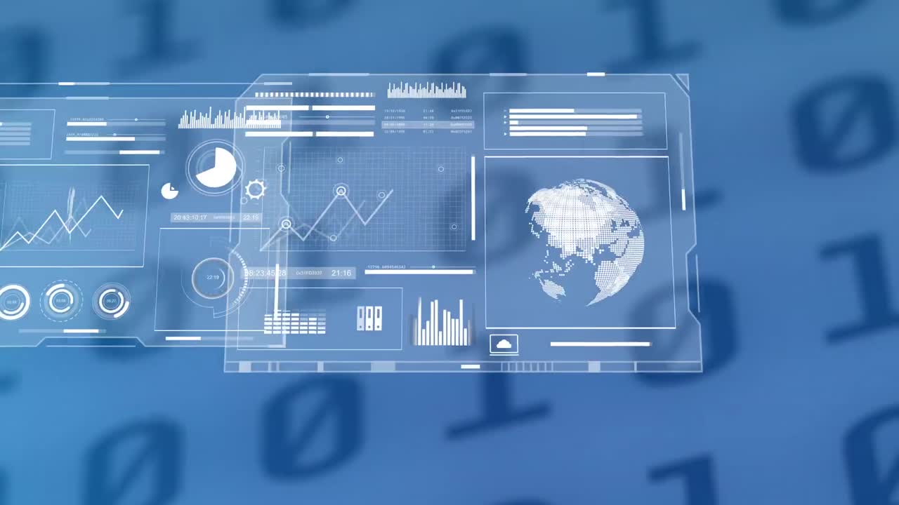Animation of interface with data processing over binary coding against blue background