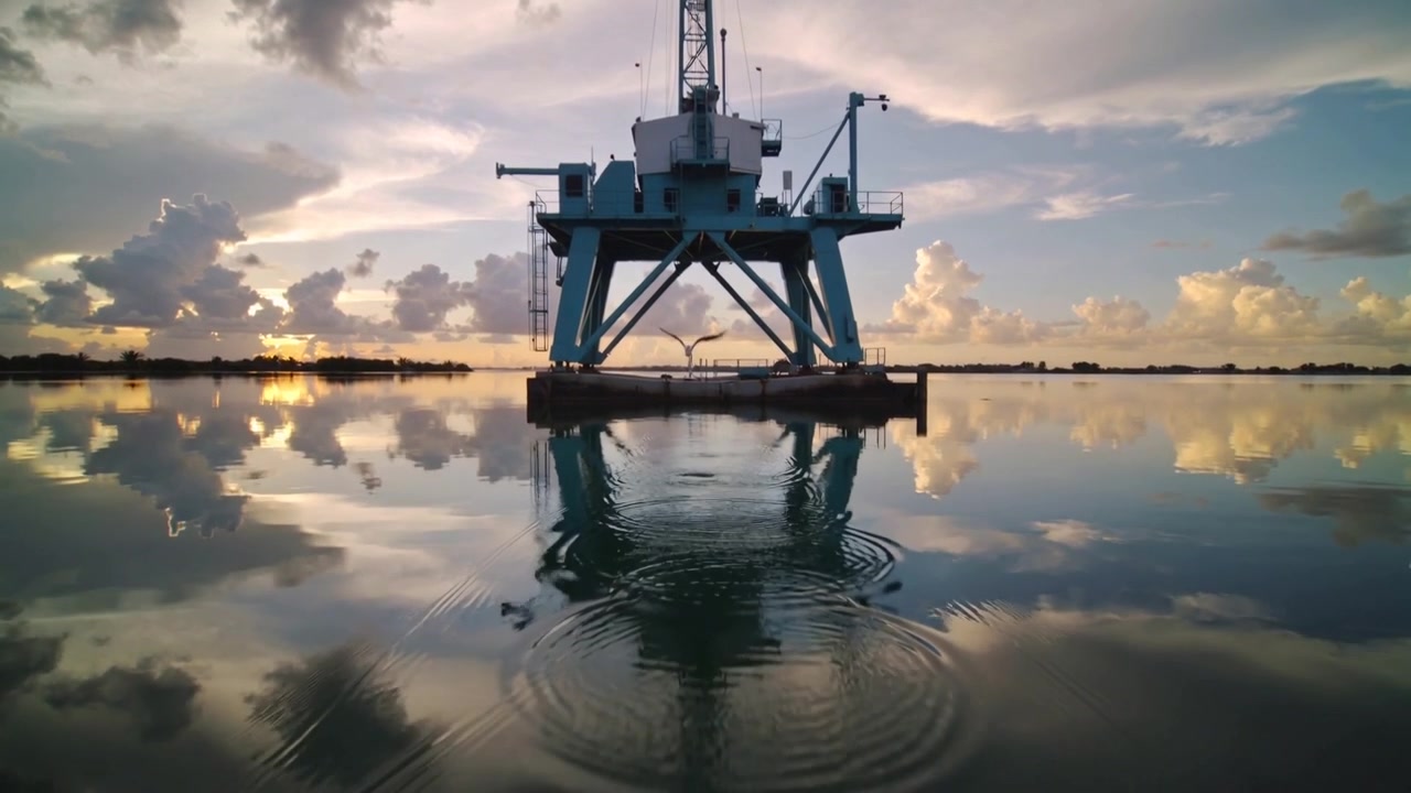 Skimming seabird creating ripples on glassy water at sunrise, warping offshore platform reflection