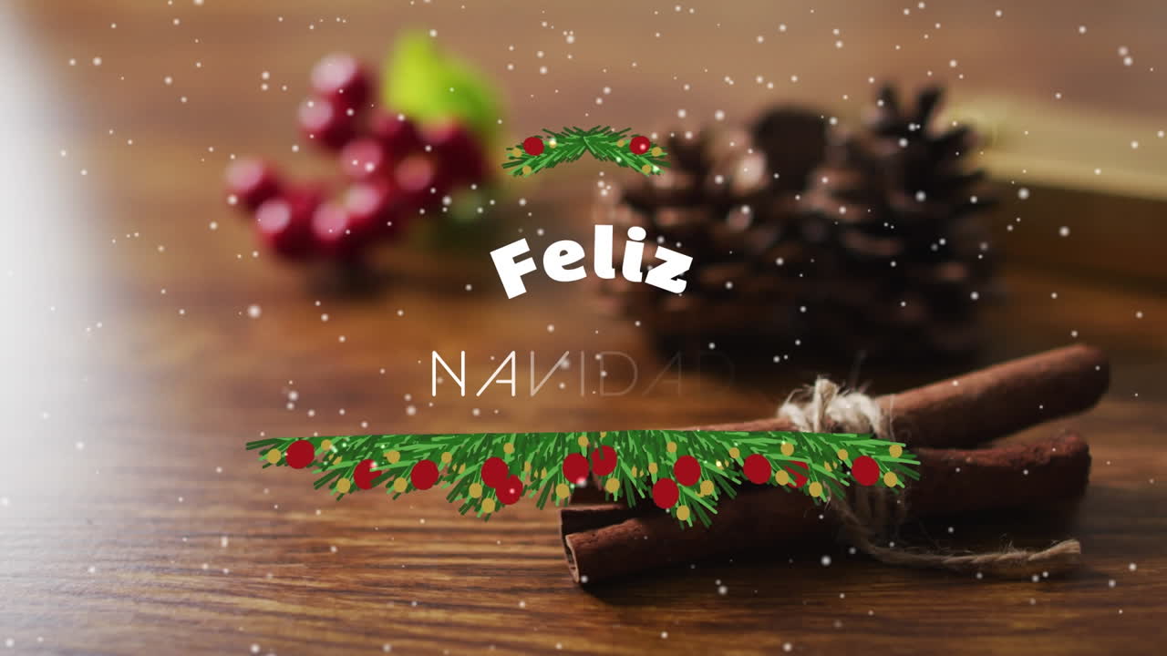 animación de las estaciones navideñas saludos con nieve cayendo sobre las decoraciones navideñas