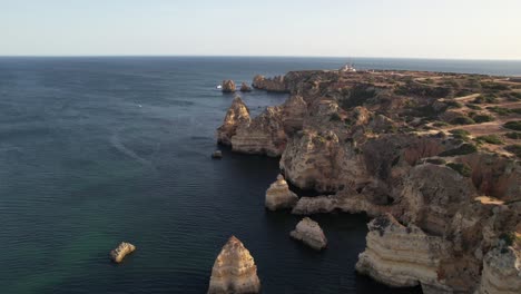 Aerial-view-of-Ponta-da-Piedade-rock-formations-in-Lagos,-Portugal