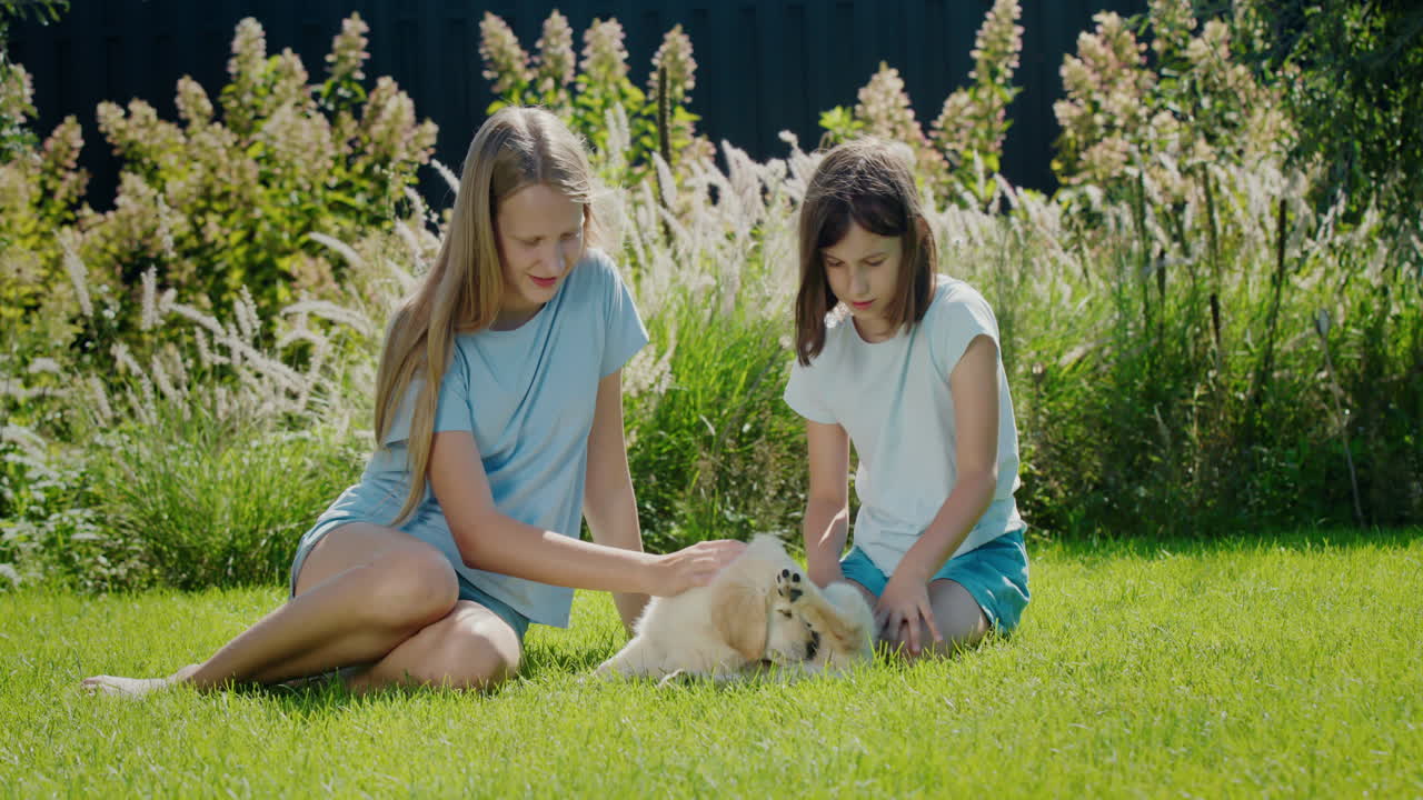 아이들은 집 뒷마당에서 귀여운 강아지와 함께 놀고 있습니다. 잘 관리된 초록색 잔디에 앉아 있습니다.