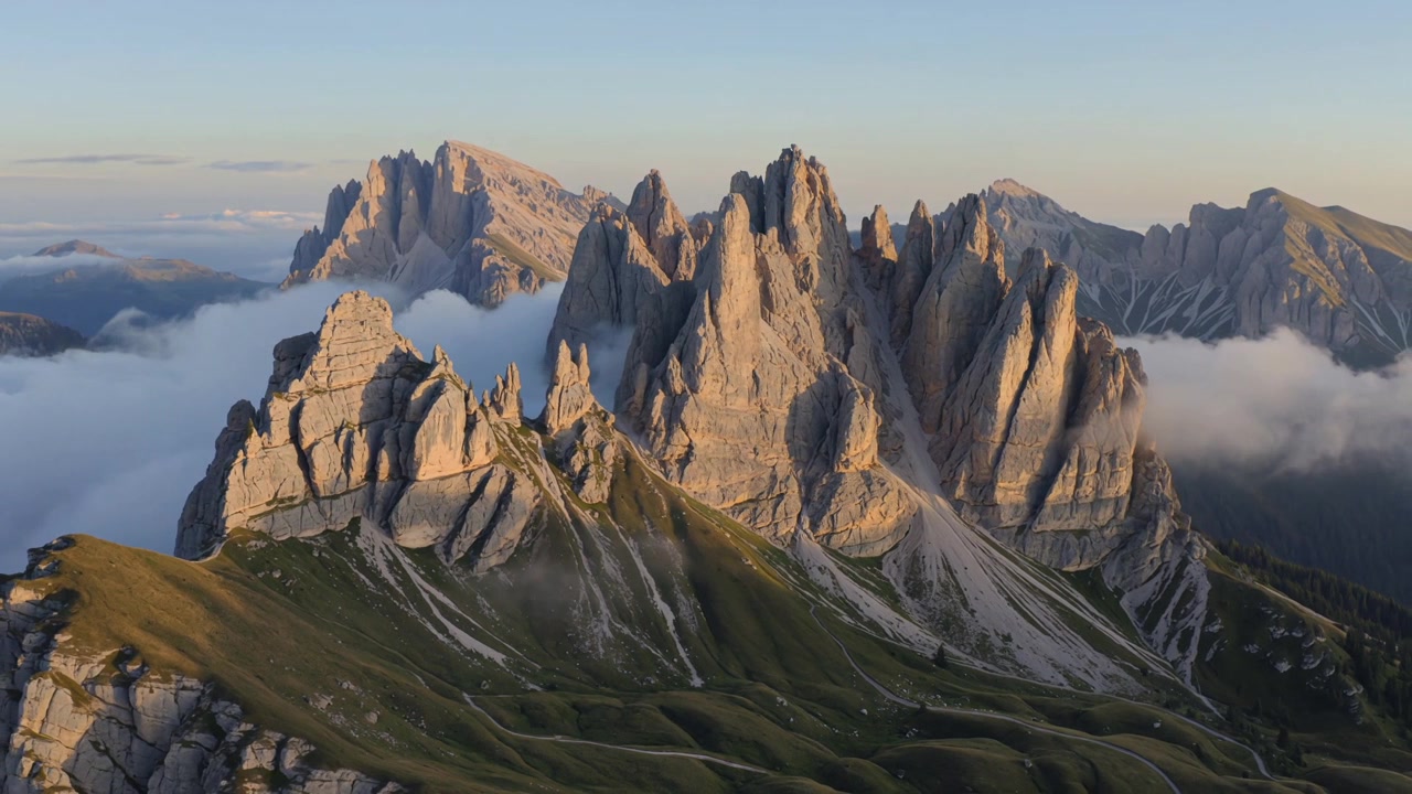 Vista cinematografica delle drammatiche formazioni calcaree della Seceda nelle Dolomiti italiane con nuvole mattutine e una luce solare soffusa che si muove sulle cime