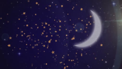 Animation-of-gold-christmas-stars-floating-over-crescent-moon-in-night-sky