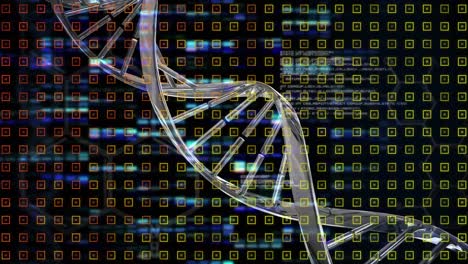 animation of rotating dna chain over black background with lights