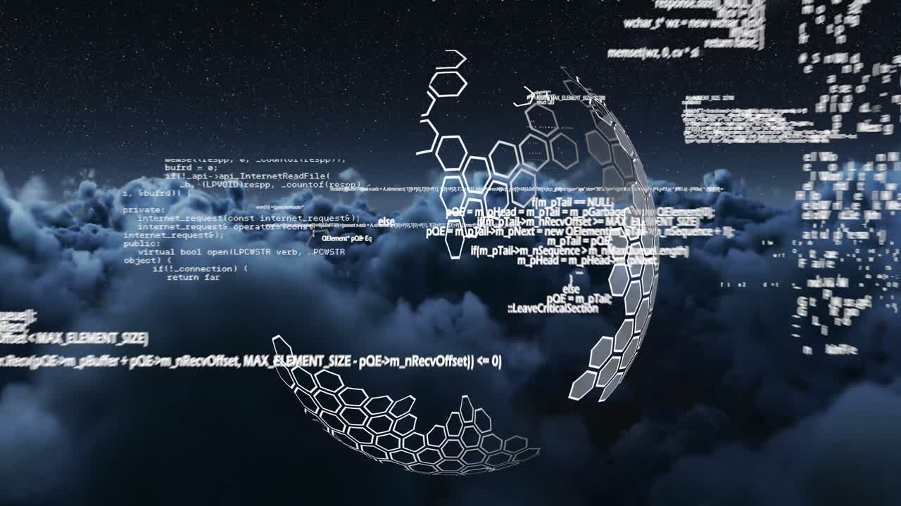 Animation of globe, data processing over chemical formulas on cloudy sky