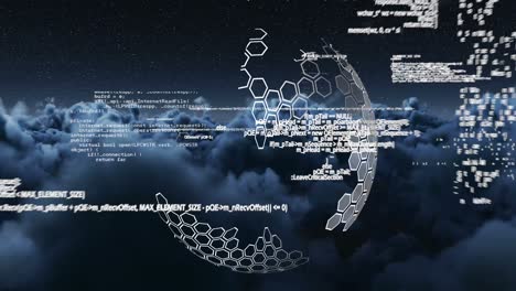Animación-Del-Globo,-Procesamiento-De-Datos-Sobre-Fórmulas-Químicas-En-El-Cielo-Nublado