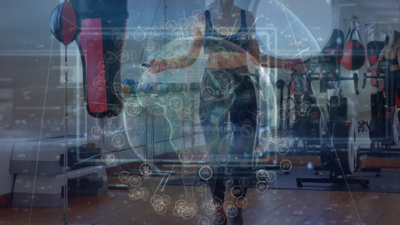 animación de iconos de todo el mundo sobre una boxeadora caucásica saltando la cuerda en el gimnasio.