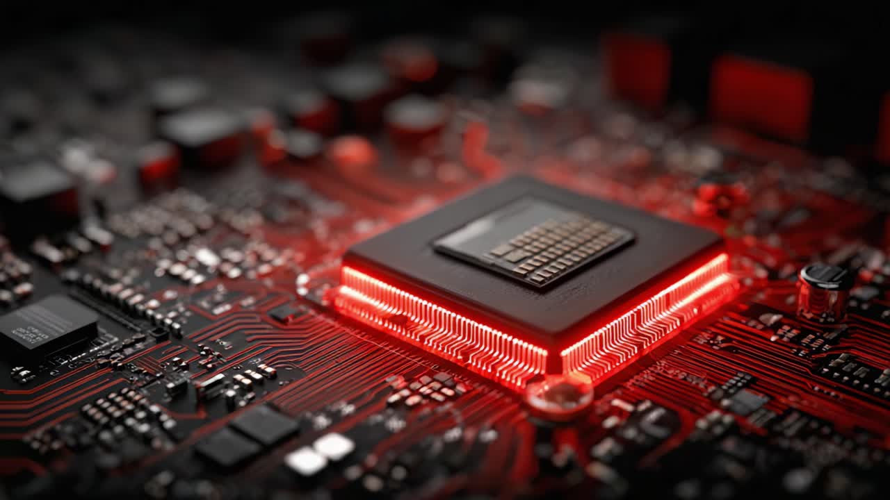 Close-up of a High-Performance Microprocessor Set Against a Dark Circuit Board, Highlighting the Intensity of Its Red LED Lights and Intricate Design Details