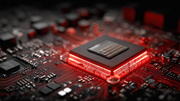 Primo piano di un microprocessore ad alte prestazioni su una scheda di circuito scura, che evidenzia l'intensità delle sue luci LED rosse e i dettagli di design intricati.