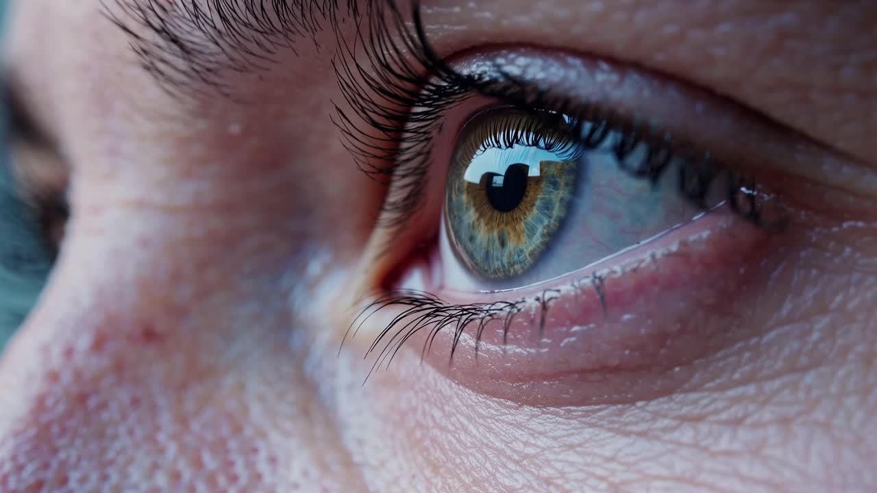 Close-up video shot of a human eye, capturing intricate details and textures