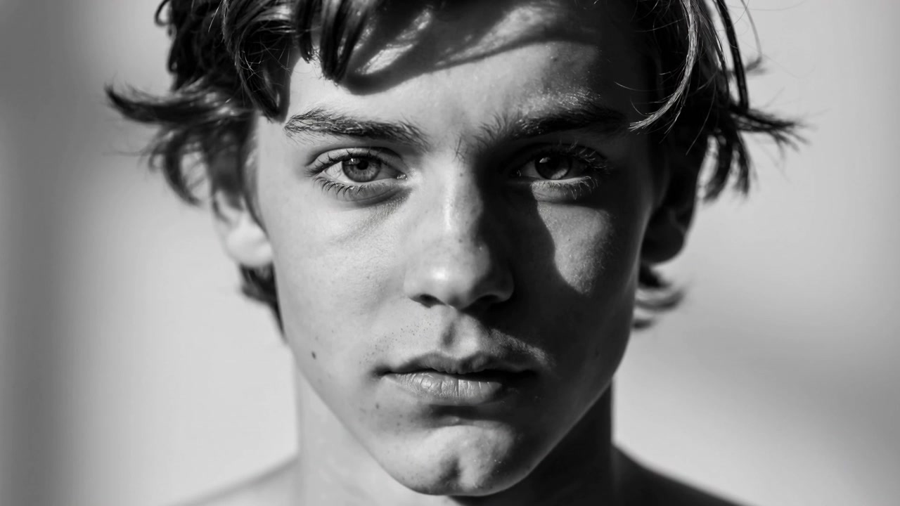 Câmera gravando adolescente movendo a cabeça e os olhos em estúdio para retrato, sem camisa e com luz.
