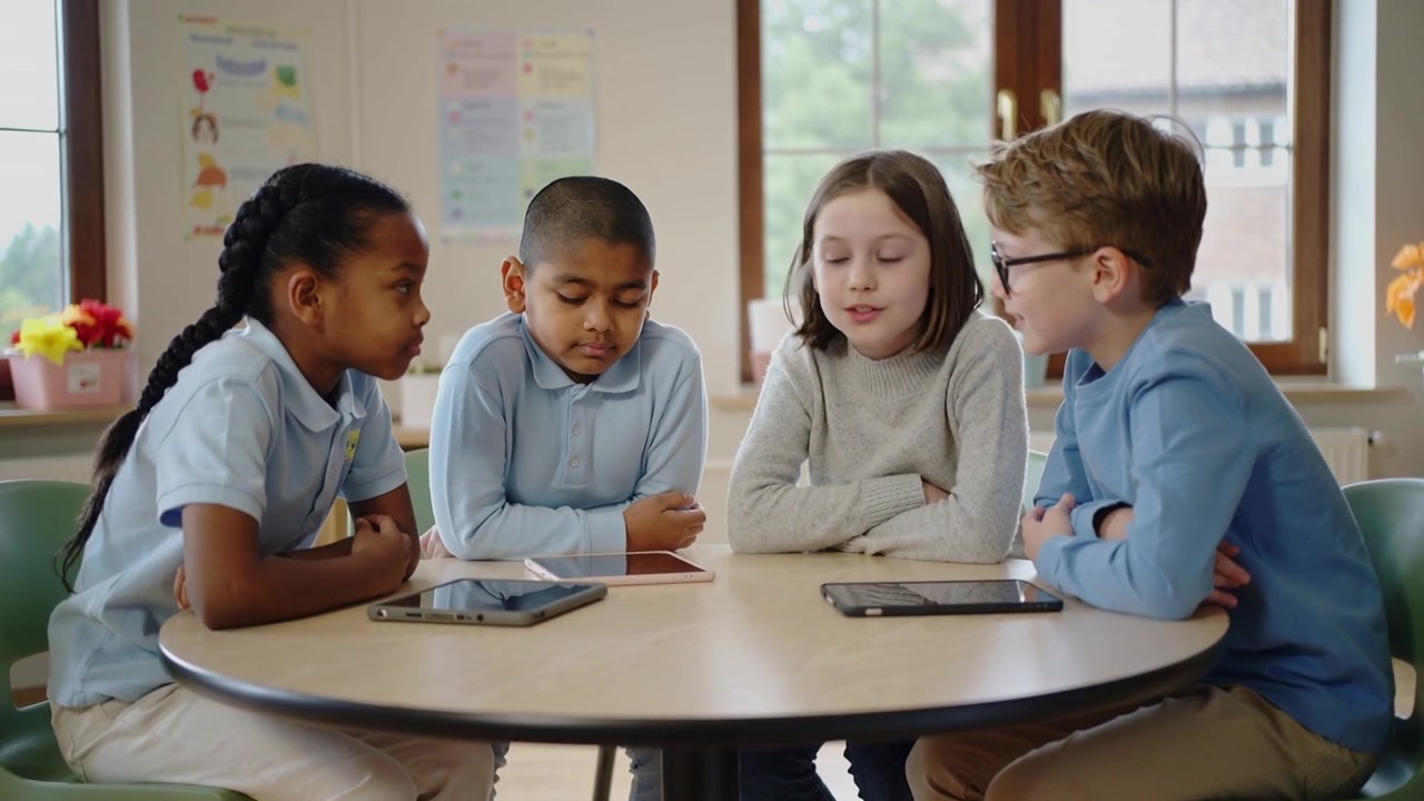 Talking after boy with glasses speaking, kids in school clothes working at class table with tablets