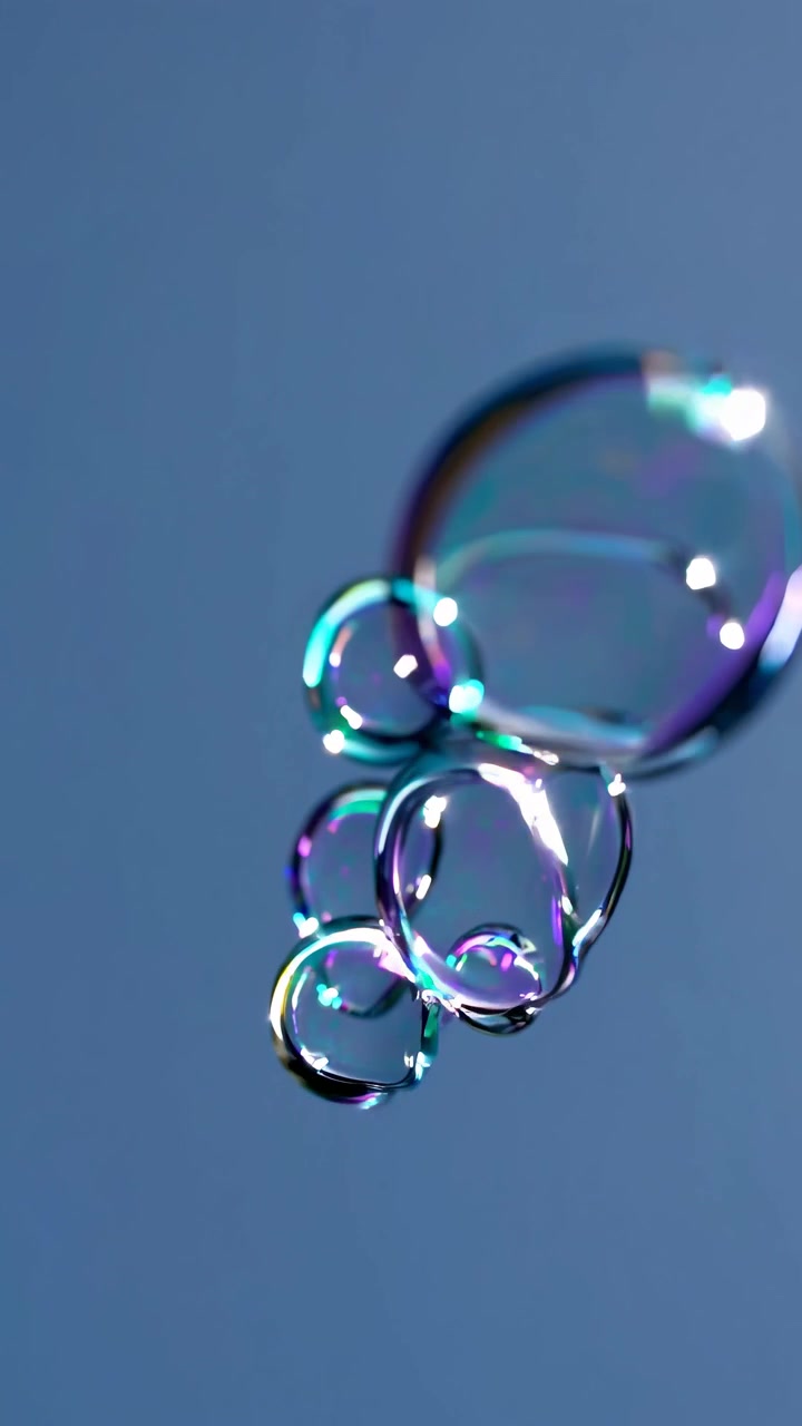 Bolle di Sapone Iridescenti che Fluttuano su Sfondo Blu