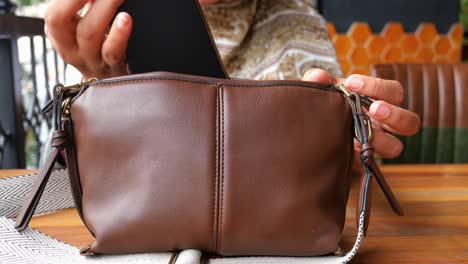 woman using mobile phone while holding a brown bag