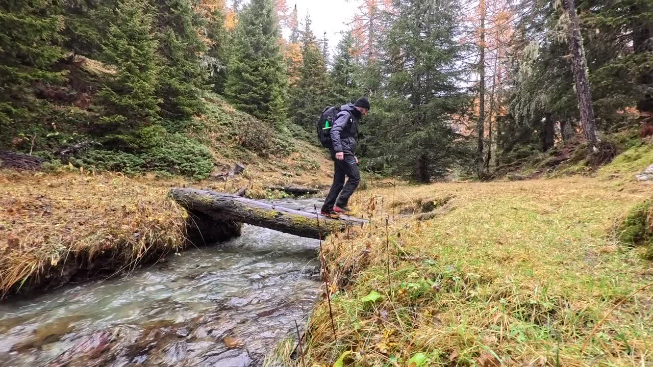 A person crossing a log bridge over a stream in the Valmalenco valley, surrounded by lush green forest and rugged mountain terrain, showcasing outdoor adventure and nature exploration
