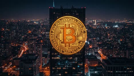a stunning nighttime urban skyline illuminated by a giant bitcoin symbol on a skyscraper, showcasing the fusion of finance and technology in modern city life