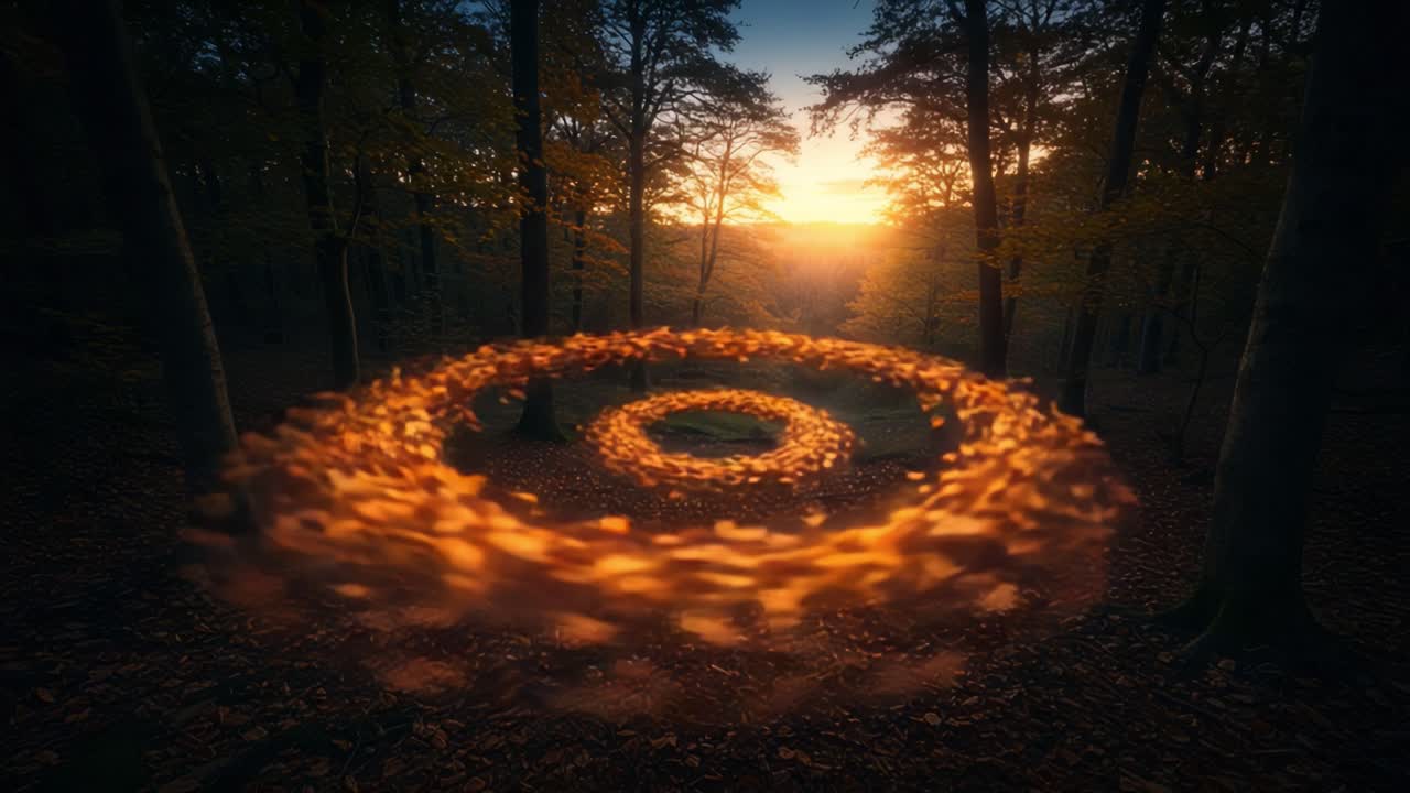 A Stunning Display of Nature's Dance: Swirling Leaves in an Enchanting Autumn Forest Bathed in Golden Sunset Light