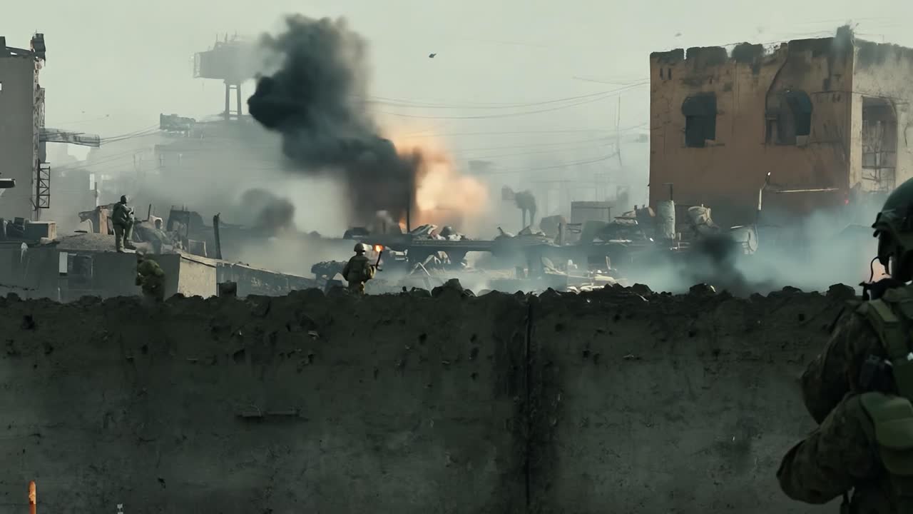 los soldados se involucran en un feroz tiroteo, buscando refugio detrás de una pared mientras las explosiones estallan en la distancia
