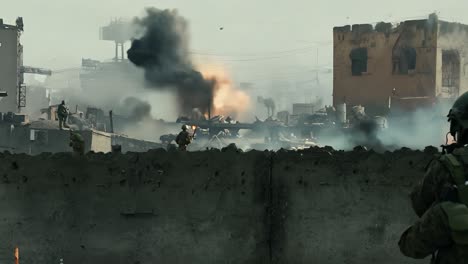 soldiers engage in a fierce firefight, seeking cover behind a wall as explosions erupt in the distance