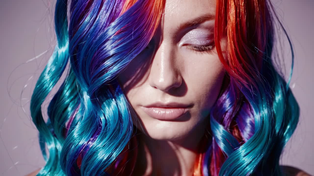 Close-up portrait of a woman with vibrant, multicolored curly hair